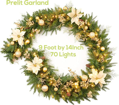 9Ft Christmas Garland Prelit with Gold Berries and Balls,Flower and 50 Lights Plug in,Holiday Decoration Fireplace Stairs Mantle Door Indoor Outdoor