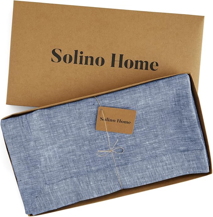 Solino Home Linen Tablecloth 60 x 144 Inch - 100% Pure Linen Chambray Indigo Table Cloth for Rectangle Tables - Athena, Machine Washable Tablecloth for Christmas, New Year