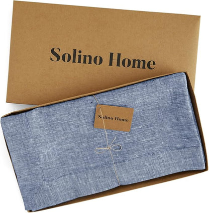 Solino Home Linen Tablecloth 60 x 108 Inch - 100% Pure Linen Chambray Indigo Table Cloth for Rectangle Tables - Athena, Machine Washable Tablecloth for Christmas, New Year