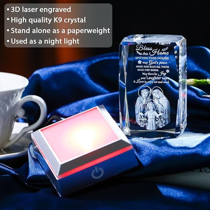 Movdyka House Warming Gifts New Home, Bless This Home Laser-Engraved Crystal Cube with Color-Changing LED Base - Spiritual Housewarming Gift for Christian Desk Decor