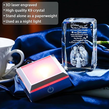 Movdyka House Warming Gifts New Home, Bless This Home Laser-Engraved Crystal Cube with Color-Changing LED Base - Spiritual Housewarming Gift for Christian Desk Decor