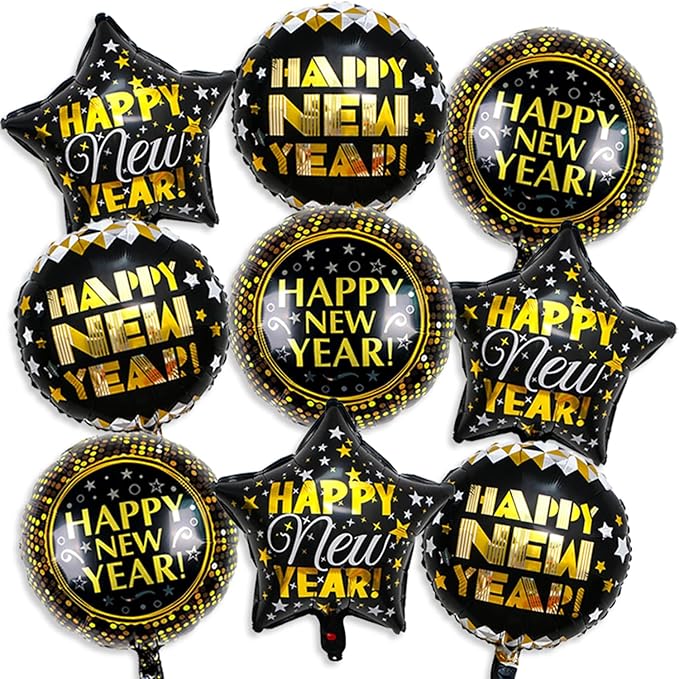 9 PCS Happy New Year Balloons Black Gold 18 Inch New Years Balloons for Happy New Year Decorations 2026 New Years Eve Party Supplies