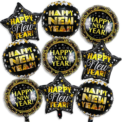 9 PCS Happy New Year Balloons Black Gold 18 Inch New Years Balloons for Happy New Year Decorations 2026 New Years Eve Party Supplies