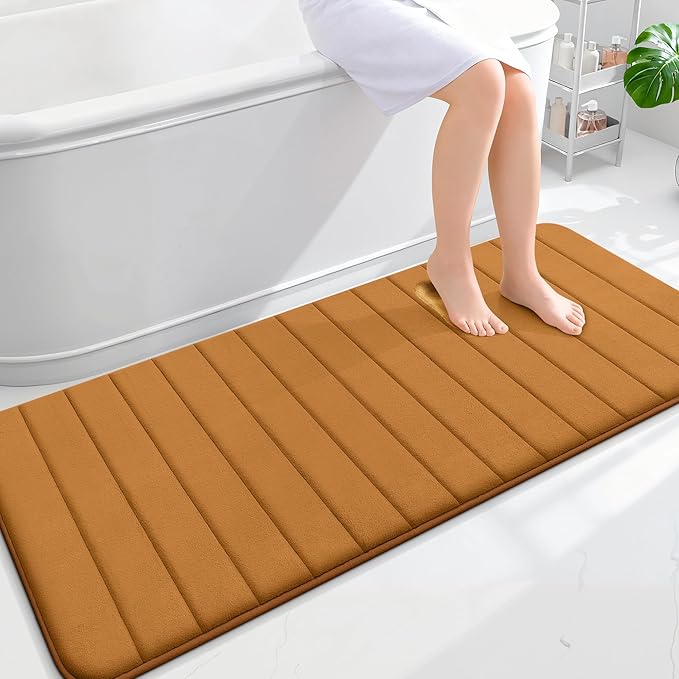 OLANLY Memory Foam Long Bathroom Rugs Runner 59x24, Super Soft Absorbent Bath Mat, Quick Dry, Machine Washable Shower Floor Rugs, Bathmat Carpet, Bathroom Home Decor Accessories, Ochre