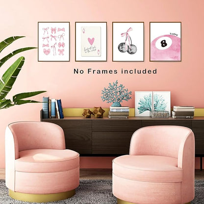 Pink Coquette Trendy Preppy Wall Art Prints Set of 4, Coquette Room Decor, Preppy Room Decor Aesthetic, Pink Bow Disco 8 Ball Cherry Wall Decor Posters for Girls Bedroom Dorm, 8x10 Unframed