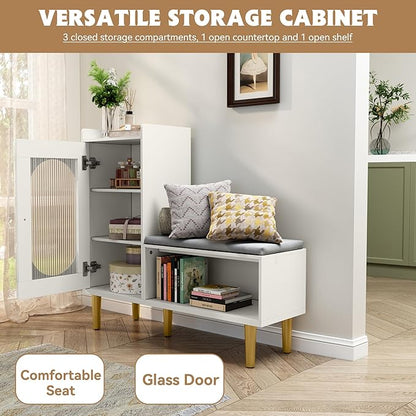 HLR Storage Bench Set of 2, White Modern Entryway Shoe Cabinet Bench with Glass Door&Shelf, L-Shaped Storage Cabinet with Padded Seat for Hallway, Bedroom, Living Room, Office