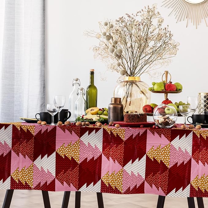 Christmas Tablecloth, 6-Pack Disposable Table Cloths, Red and Gold Christmas Tree Plastic Table Covers, 54 x 108 Inches, Xmas Party Decorations