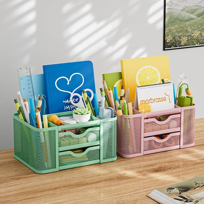Marbrasse Mesh Desk Organizer, Pen Organizer with 2 Drawer, Multi-Functional Pencil Holder, Desk Organizers and Accessories with 5 Compartments + Drawer for Office Art Supplies (Green)