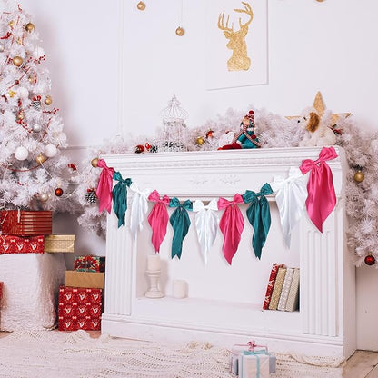VitalCozy 1 PCS Christmas Bow Garland Banner, Satin Ribbon Hanging Party Bow Garland Decoration for Holiday Birthday Party Supplies