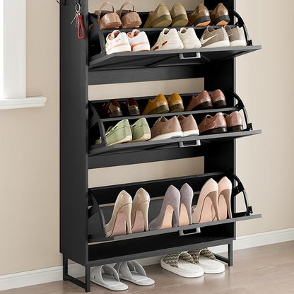Shoe Cabinet with 3 Flip Drawers Narrow Shoe Storage Cabinet Organizer Wooden Freestanding Shoe Rack Hidden Slim Shoes Storage Cabinet for Entryway, Hallway, Living Room, Bedroom