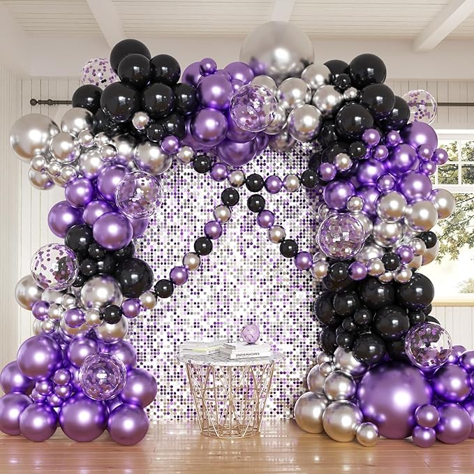 162pcs Purple and Black Balloons Garland Arch Kit, Metallic Purple Silver Black and Confetti Balloons in Different Sizes for Halloween Wednesday Vampire Theme Birthday Party Decorations