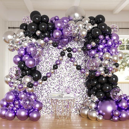 162pcs Purple and Black Balloons Garland Arch Kit, Metallic Purple Silver Black and Confetti Balloons in Different Sizes for Halloween Wednesday Vampire Theme Birthday Party Decorations