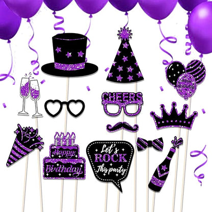 CC HOME 36Pcs Happy Birthday Photo Booth Props, Glitter Purple Birthday Party Decorations Party Favor for Forever Young Cheers Party Time Birthday Party Supplies Party Essentials