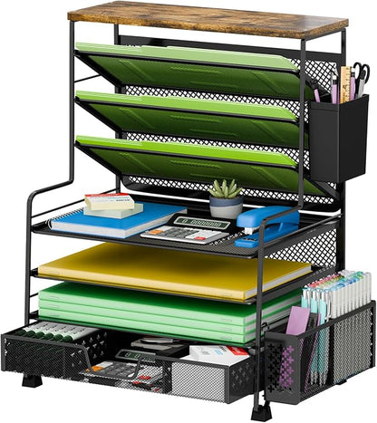 8 Tier Desk File Organizer with Sliding Drawer, Desktop Organizers and Accessories, Letter Size File Organizer for Desk, Black