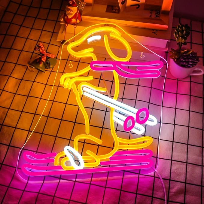 Lucunstar Skiing Dachshund Neon Sign Dog LED Sign for Wall Decor Dachshund Decor USB Connectivity Adjustable Brightness Ski Neon Light Up Pet Shop Bedroom Wall Gifts for Dog Lover