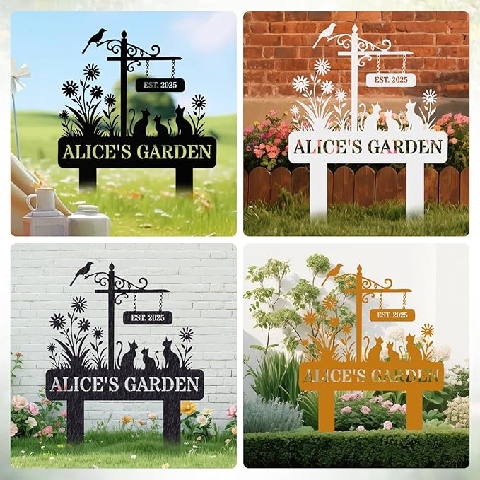 Custom Metal Sign Customized with Name & EST Date, Custom Garden Signs, Floral Yard Signs, Family Name Garden Stake, Personalized Outdoor Decor, Gift for Mother's Day, Mom Grandma Gardener Cat Lover