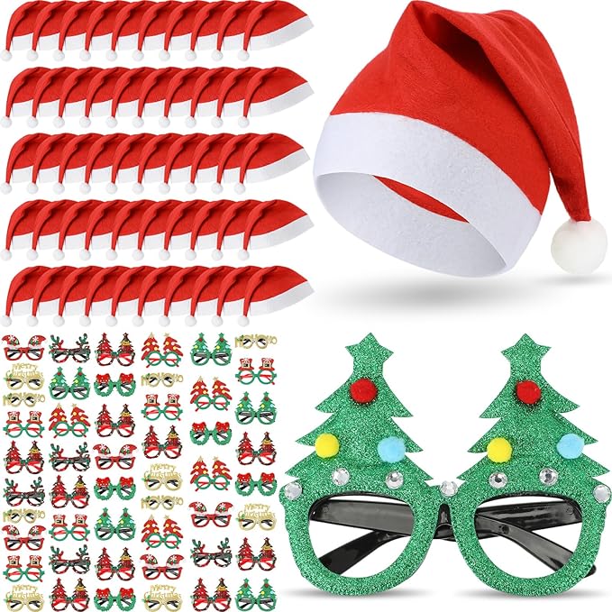 Hiboom 100 Piece Bulk Santa Hat Glasses Costume Set Christmas Santa Hats Xmas Tree Elk Glasses Funny Glitter Frames Eyewear for Christmas Holiday Party Gift Photo Booth Props Decorations