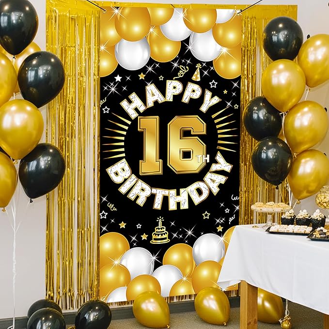 Happy 16th Birthday Decorations for Boys and Girls, 16 Years Old Birthday Fabric Backdrop Banner, Sixteen Party Supplies, Photo Booth Background, Door Wall, Yard Decor for Indoor Outdoor Use