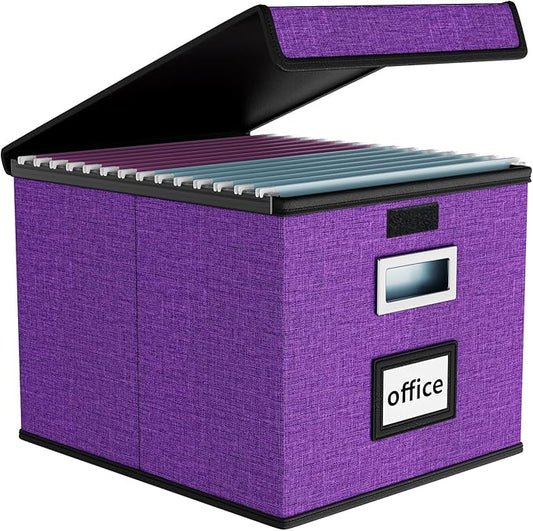 Huolewa File Organizer Box with Lid, Collapsible File Folder Organizer for Office Document Storage, Filing Box with Plastic Slide for Letter Size Hanging File Folders(1 Pack, Purple)