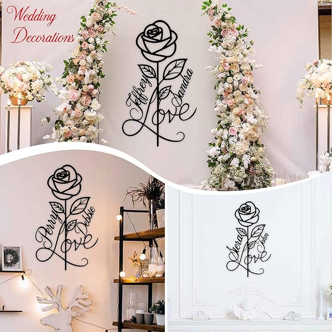 Personalized Metal Rose Sign,Wedding Decoration Sign,Metal Rose Wall Decor With Couples Name,Romantic Gifts for Anniversaries, Valentine's Day