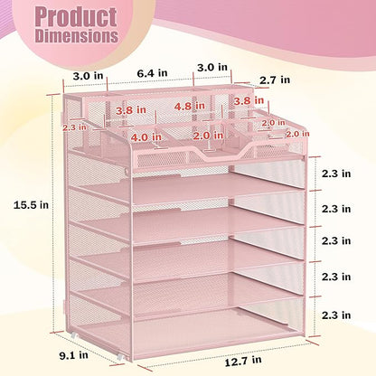 Docnest 6 Tier Mesh Desk Organizer for Paper Office Supplies – Multi-Functional Letter Tray with 5 Adjustable Compartments, 9 Pen Holders, Desktop Storage for Files, Mail, Stationery – Pink