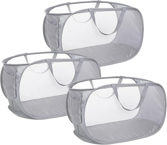 3 Pack Collapsible Laundry Baskets, Foldable Laundry Basket with Pocket, Mesh Pop Up Hampers, Reinforced Handles Dirty Clothes Hamper for Laundry, Bedroom, Bathroom, Dorm, Travel or Camping Grey