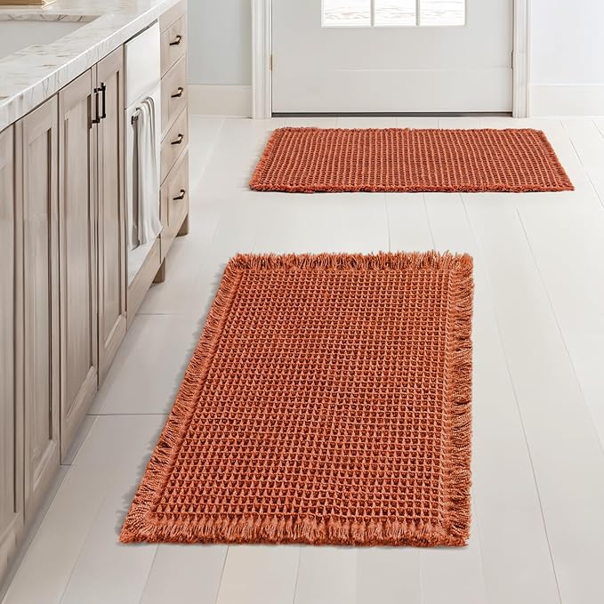 MIULEE Orange Set of 2 Waffle Bathroom Rugs, Boho Bath Rugs Non Slip Washable, Super Absorbent Bath Mats, Ultra Soft Rubber Backed Shower Mats for Bathroom Floor, Tub and Shower, 17x24 Inch