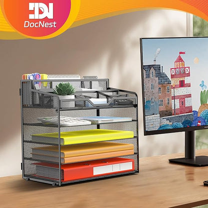 Docnest 5 Tier Mesh Desk Organizer for Paper Office Supplies – Multi-Functional Letter Tray with 5 Adjustable Compartments, 3 Pen Holders, Desktop Storage for Files, Mail, Stationery – Black