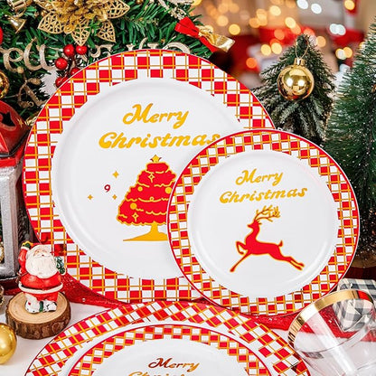 Ciaell 175PCS Christmas Plastic Plates - Red and Gold Plaid Plates include 25Dinner Plate, 25Dessert Plate, 25Knives, 25Forks, 25Spoons, 25cups, 25 Christmas Napkins for Christmas Party