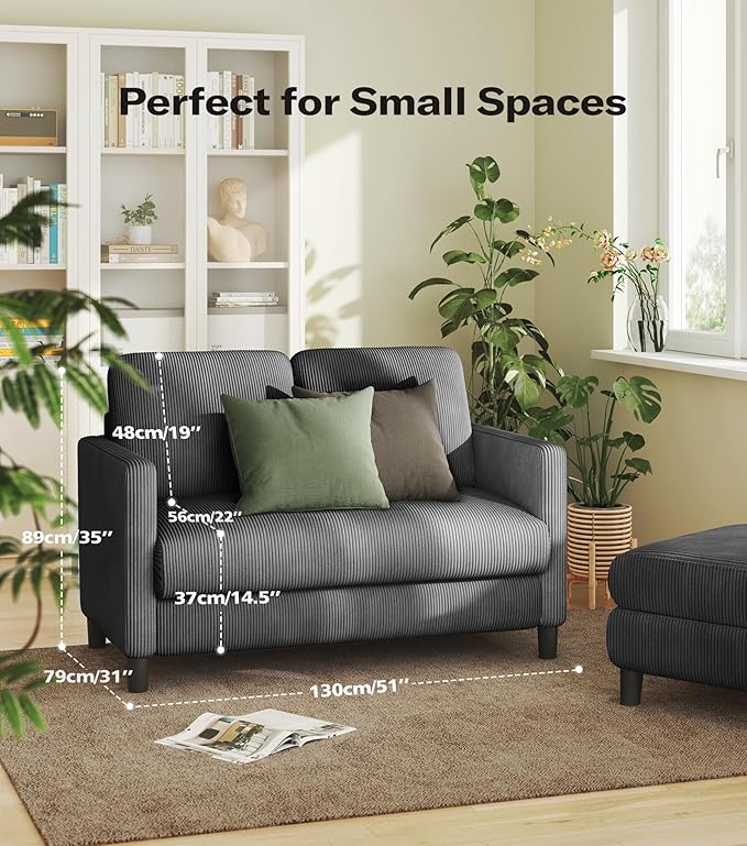 Loveseat Sofa, 51" Love Seat, Comfy Corduroy Small Loveseat for Small Spaces, Tool-Free Setup Couch for Bedroom, All-Wood Couches for Living Room, No Pillow Included, Grey