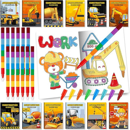 BenLouis 24 Construction Mini Coloring Books Kids with 24 Stacking Crayons Excavator Theme Party Favors Activity Books Bulk for Kids Construction Birthday Goodie Bag Gift Stuffer Classroom Reward