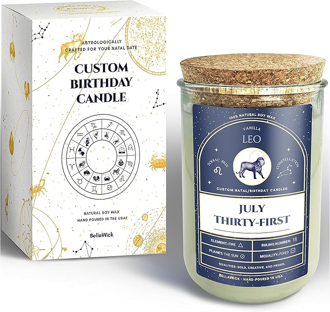 Birthday Candles - Custom Birthdate Astrological Zodiac Scented Candles. Astrology Gifts. All Natural Soy Wax. 75+ Hour Burn Time. Made in USA - July 31