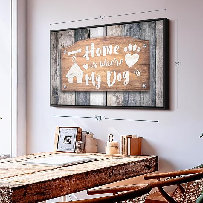 Elephant Stock Home Is Where My Dog Is Wall Art - Horizontal Floating Framed Canvas - 1-Piece Living Room Wall Decor - Pet Digital Art Canvas Print - Gray and Beige Decor for Wall - 37" X 25"