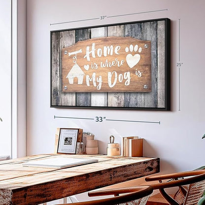 Elephant Stock Home Is Where My Dog Is Wall Art - Horizontal Floating Framed Canvas - 1-Piece Living Room Wall Decor - Pet Digital Art Canvas Print - Gray and Beige Decor for Wall - 37" X 25"