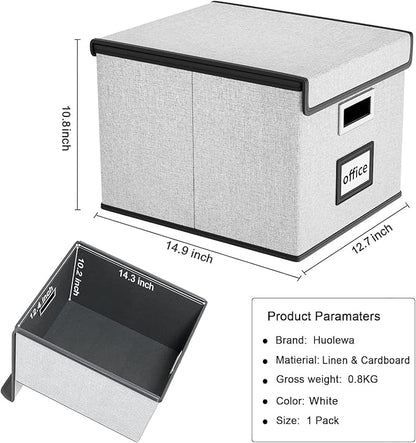 Huolewa File Organizer Box with Lid, Collapsible File Folder Organizer for Office Document Storage, Filing Box with Plastic Slide for Letter Size Hanging File Folders(1 Pack, White)