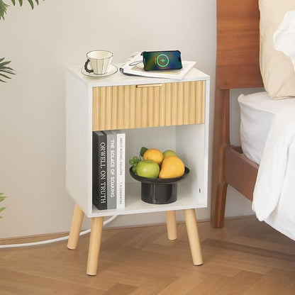 Night Stand with Charger Station, Modern Wood Nightstand with Drawer and Outlet, Fluted Bedside Table End Table with Solid Wood Legs for Bedroom, Living Room, Office (White Oak)
