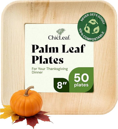 Chic Leaf Disposable Palm Leaf Plates - 50 Count, 8" Square, Thanksgiving Dinner - Bamboo Plates, Biodegradable & Compostable - Microwave Safe & Heavy Duty - Event & Party Supplies - Wedding Decor