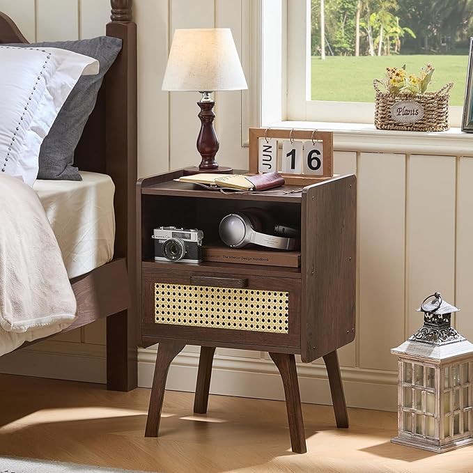 Lerliuo Rattan Nightstands Set of 2, Bedside Table with Drawer Open Shelf, Cane Accent Side End Table with Solid Wood Legs, Walnut Vintage Night Stand for Bedroom, Dorm and Small Spaces