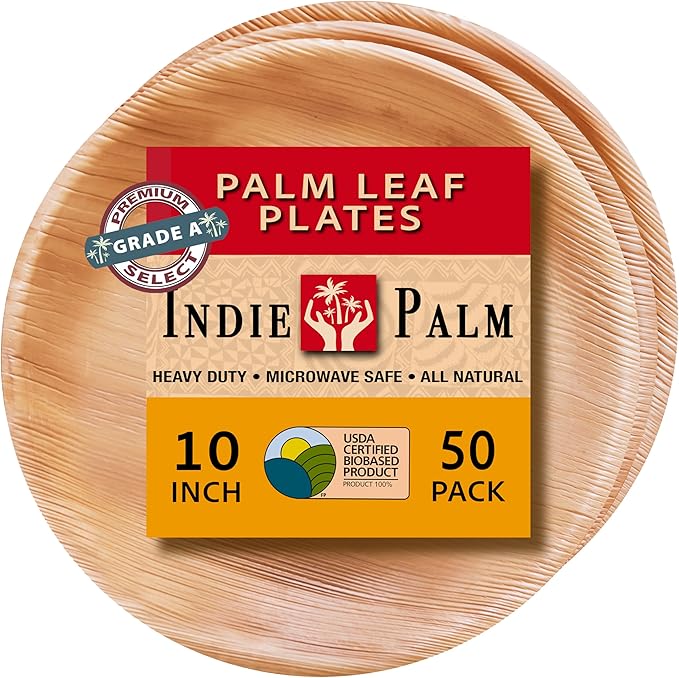 Disposable Palm Leaf Plates - 50 Pack - 10 Inch Round - Compostable & Biodegradable - Heavy Duty, Eco-Friendly, Microwave Safe - Like Bamboo Plates - Perfect for Events & Parties