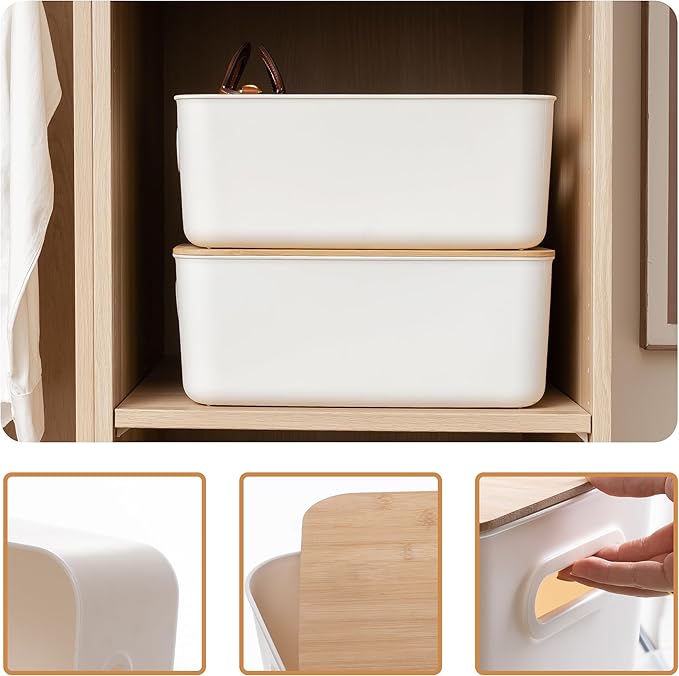 Citylife 4 PCS Storage Bins with Bamboo Lids Plastic Storage Containers for Organizing Stackable Storage Box with Handle, 14 x 10.6 x 6.18 inch