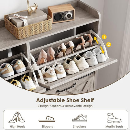 Nicetree Shoe Cabinet with 4 Flip Drawers, Freestanding Shoe Organizer Cabinet, Farmhouse Narrow Shoe Storage Cabinet for Entryway, Foyer, Hallway, Gray