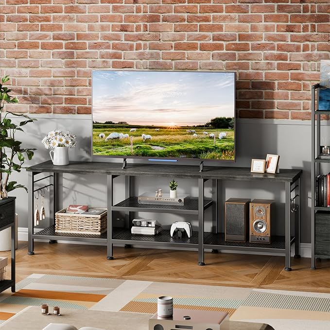 Furologee TV Stand for TVs up to 65 Inch, Entertainment Center with Open Storage Shelves, 55 Inch Television Stands with Soundbar Shelf for Living Room, Bedroom, Black Oak