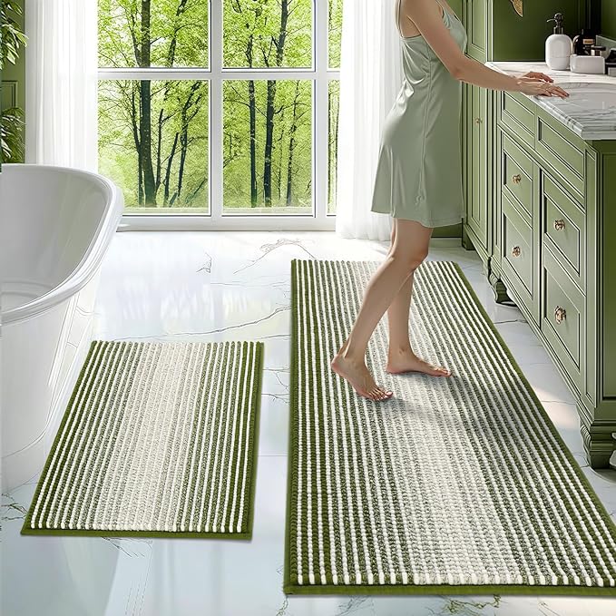 BSICPRO Bathroom Rugs and Mats Sets, 2 Piece Thick Absorbent Chenille Bath Mat Rug Set Non Slip, Soft Shaggy Bath Room Floor Mats for Bathroom, Machine Washable (Sage, 20" x 47" Plus 20" x 32")