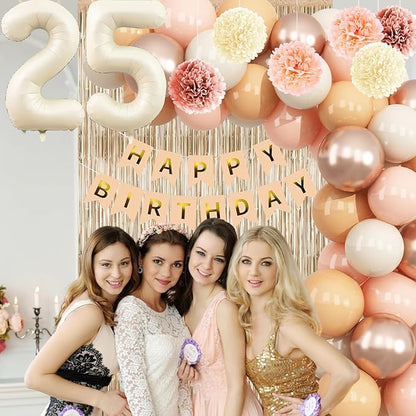 Beige 25th Birthday Decorations for Her Cream Number 25 Balloon Nude Gold Happy Birthday Banner Fringe Curtain Paper Pom Poms Blush White Sand Champagne Star Foil Balloons Neutral Boho Party Decor