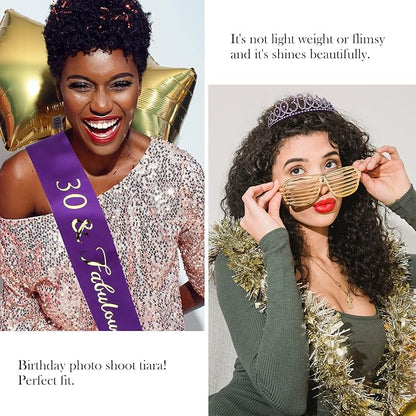 CIEHER 30th Birthday Decorations - Sash, Crown, Tiara, Cake Topper, Photo Booth Props & Party Supplies in Purple