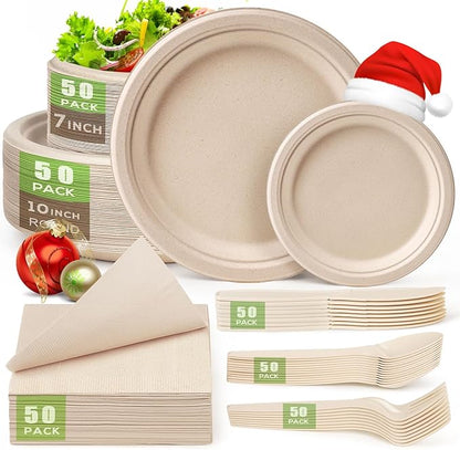 Gezond Compostable Paper Plates Set 300 Pieces Disposable Plates 10-inch Eco-friendly Paper Plates Heavy-duty Utensils and Napkins for Party, Made From Sugarcane Pulp