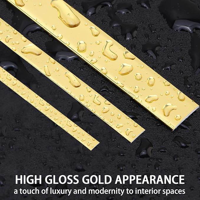 Glossy Gold Peel and Stick PVC Molding Trim, Flexible DIY Wall Accent Strip for Mirror Frame, Cabinet, Edges & Borders and Tiles (197''L x 0.4''W)