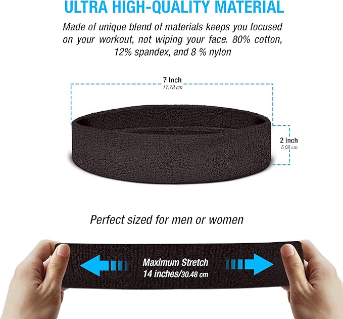 Suddora Workout Headband for Men and Women, Moisture-Wicking Athletic Sweatband, Lightweight Cotton Terry Cloth Bands for Basketball, Tennis, Football, Gym, Running, Cosplay & Costumes