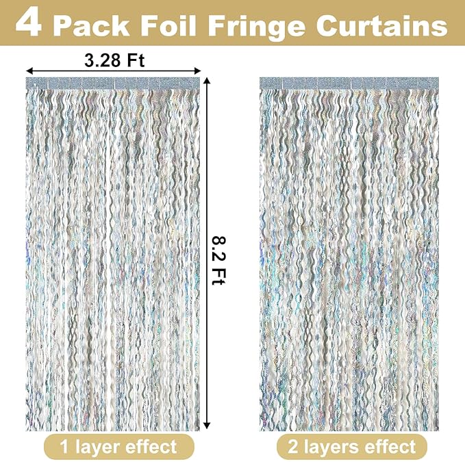 4 Pack Silver Fringe Curtain Backdrop 3.2Ft x 8.2Ft Metallic Tinsel Foil Fringe Streamers Background for Photo Booth, Easter, Mother's Day, Bachelorette, Wedding, Birthday Party Decoration