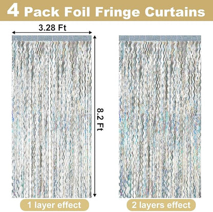 4 Pack Silver Fringe Curtain Backdrop 3.2Ft x 8.2Ft Metallic Tinsel Foil Fringe Streamers Background for Photo Booth, Easter, Mother's Day, Bachelorette, Wedding, Birthday Party Decoration
